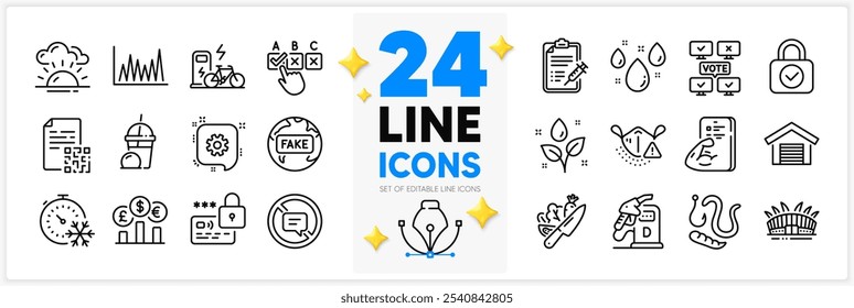 Icons set of Rainy weather, Stop talking and Worms line icons pack for app with Lock, Electric bike, Vaccine report thin outline icon. Fitness, Online voting, Cogwheel pictogram. Vector