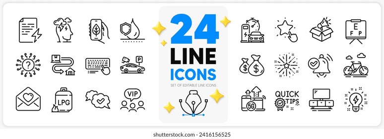 Icons set of Ranking star, Stress and Waterproof line icons pack for app with Approved, Love letter, Gas cylinder thin outline icon. Vision board, Computer keyboard, Inspiration pictogram. Vector