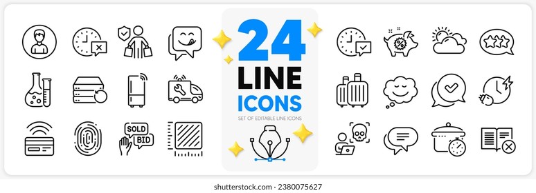 Icons set of Reject book, Recovery server and Boiling pan line icons pack for app with Buyer insurance, Stars, Approved thin outline icon. Person, Piggy sale, Bid offer pictogram. Vector