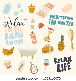 Icons Set, Relax in Bathroom Themed Background with Bath Tub, Wineglass and Banana Bunch, Comb, Sea Salt, Cosmetics Bottles or Towel. Shampoo, Cream, Liquid Soap, Hourglass. Linear Vector Illustration