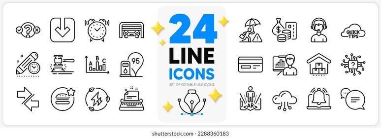 Icons set of Reminder, Presentation board and Parking garage line icons pack for app with Cloud computing, Text message, Auction hammer thin outline icon. Survey results. Design with 3d stars. Vector