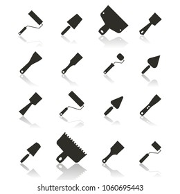Icons set for repair and construction, rollers and brushes for painting, trowel, various shapes and sizes. Flat style, isolated on white background with a mirror image , vector illustration.