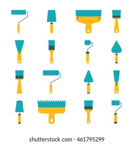 Icons set for repair and construction, rollers and brushes for painting, trowel, various shapes and sizes. Flat style, isolated on white background, vector illustration.