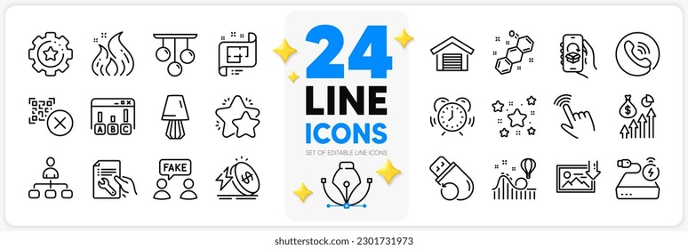 Conjunto de iconos de Reparación documento, Administración de tiempo e iconos de línea de salario para aplicación con fórmula química, montaña rusa, icono de contorno delgado de estrella. Energía de incendios, plan arquitectónico. Vector