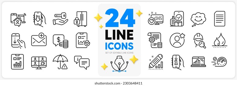 Icons set of Report checklist, New mail and Smile line icons pack for app with Video conference, Risk management, Carry-on baggage thin outline icon. Buying house, Waterproof. Vector