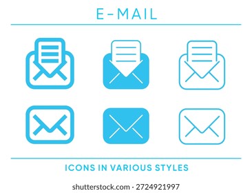Conjunto de iconos que representan la comunicación por correo electrónico mostrada en varios estilos gráficos. Se utiliza para mensajería digital, bandeja de entrada, notificaciones y Elementos de interfaz en aplicaciones, sistemas y servicios en línea.
