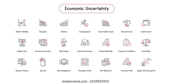 Icons Set Representing Key Factors of Economic Uncertainty. Essential Economic Challenges and Financial Risks. Vector Editable Icons.