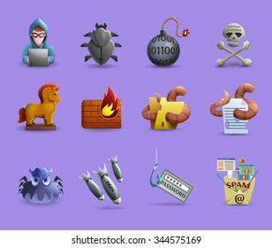  Icons Set  Representing Methods Of Cracking Systems Variants Malicious Software And Firewall Activity Isolated Vector Illustration