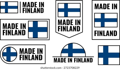 Conjunto de iconos que representan productos fabricados en Finlandia que muestran el diseño de la bandera nacional de Finlandia