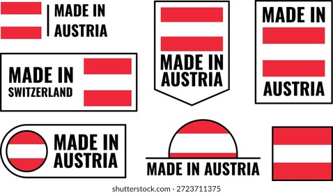 Conjunto de iconos que representan productos hechos en Austria y muestran Elementos de diseño de la región, diseñados en Austria