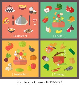 Icons set for restaurant, menu, cooking, fruit and vegetables. Flat design vector.