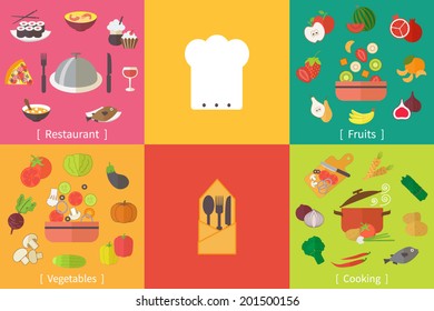 Icons set for restaurant, menu, cooking, fruit and vegetables. Flat design vector illustration.