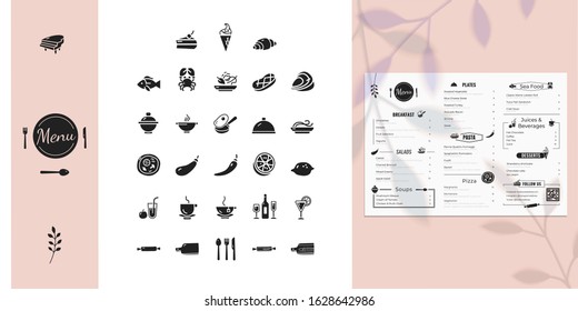 Icons set for restaurant menu. Isolated objects including salad, pizza, plate, pasta, beverages, dessert. Vector symbols in simple style