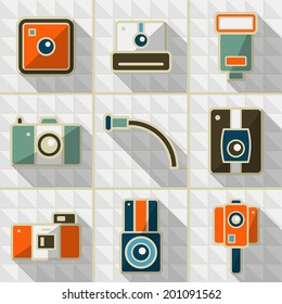 Icons set of retro photo camera with long shadow