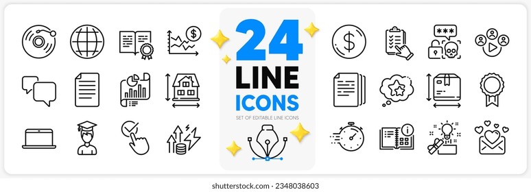 Icons set of Reward, Creative idea and Dollar money line icons pack for app with Instruction info, Energy inflation, Dollar rate thin outline icon. Globe, Timer, Checklist pictogram. Vector