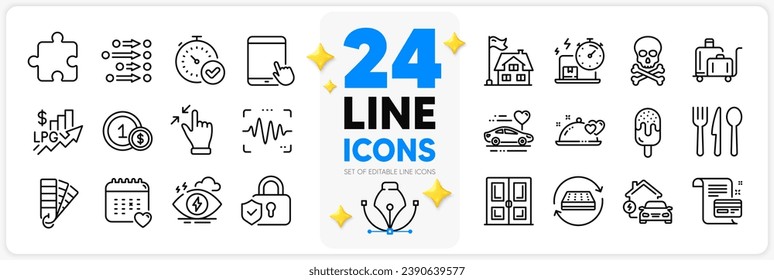 Icons set of Romantic dinner, Touchscreen gesture and Palette line icons pack for app with Tablet pc, Order, Building thin outline icon. Puzzle, Delivery online, Healthcare calendar pictogram. Vector