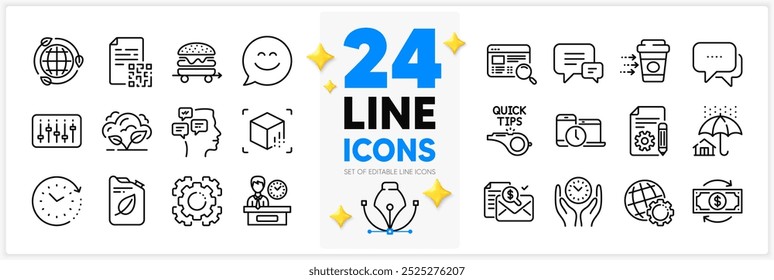 Conjunto de ícones de tempo seguro, Canister e Apresentação pacote de ícones de linha de tempo para aplicativo com realidade aumentada, Seo Gear, Smile bate-papo ícone fino contorno. Busca no site, Entrega de café. Vetor