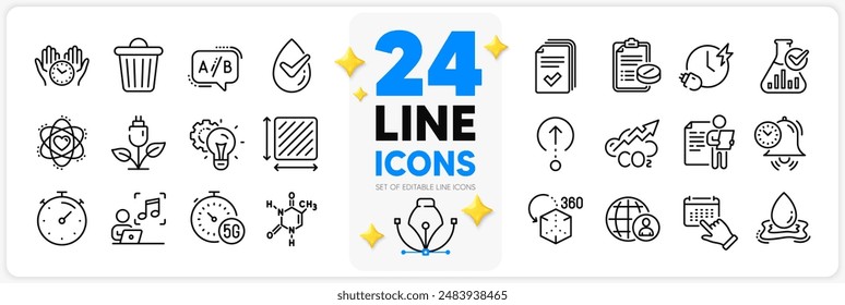 Icons set of Safe time, Chemical formula and Idea gear line icons pack for app with Time management, Dermatologically tested, Co2 thin outline icon. Handout, Chemistry lab, Eco power pictogram. Vector
