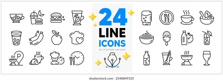 Icons set of Salad, Grill place and Chef line icons pack for app with Food time, Sausage, Night eat thin outline icon. Water glass, Tea mug, Ice tea pictogram. Water bottle, Coffee break. Vector