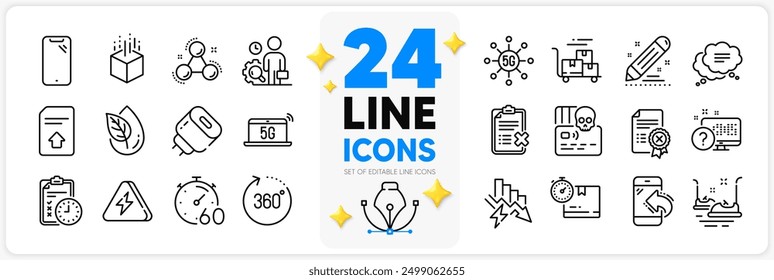 Conjunto de iconos de ahorro de electricidad, caja de cartón e inspeccionar los iconos de línea para el App con ataque cibernético, temporizador, Carrito de entrega icono de contorno delgado. Realidad aumentada, Llamada entrante. Vector