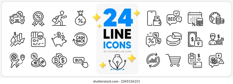 Icons set of Saving money, Loan and Private payment line icons pack for app with Market sale, Car leasing, Rise price thin outline icon. Stress, Annual tax, Update data pictogram. Vector