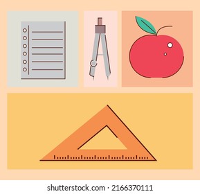 icons set school supplies cartoon