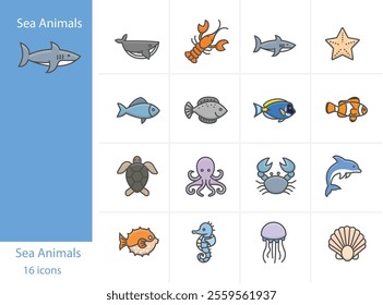 Icons Set Sea Animals and Sea food related icons colorful icons set, Vector and Illustration