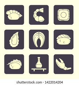 Icons set of seafood and asian dishes in flat style