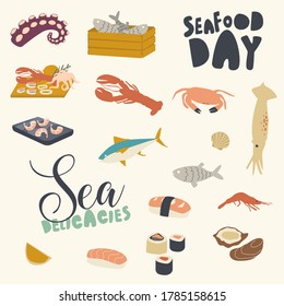 Icons Set, Seafood Themed Background with Asian or Mediterranean Cuisine, Raw or Cooked Fish, Octopus and Prawns with Crab and Squid, Shrimps, Tuna and Mussels Delicacies. Linear Vector Illustration