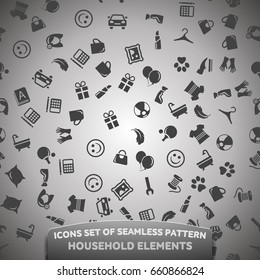 Icons set of seamless pattern, household elements, monochrome.