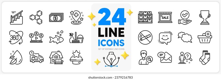 Icons set of Search employee, Smile chat and Approved checkbox line icons pack for app with Household service, Add purchase, Storage thin outline icon. Water drop, Payment. Vector