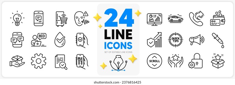 Icons set of Security statistics, Restaurant app and Analytics graph line icons pack for app with Refrigerator, Share call, Ranking thin outline icon. Lock, Chemistry pipette. Vector