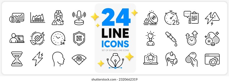 Icons set of Seo gear, Timer and Chemistry pipette line icons pack for app with Qr code, Education, 24 hours thin outline icon. Capsule pill, Clipboard, Vitamin h pictogram. Sick man. Vector