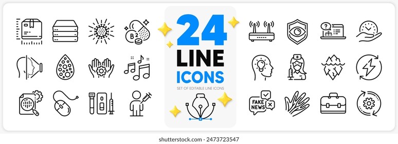 Icons set of Seo stats, Computer mouse and Servers line icons pack for app with Blood and saliva test, Iceberg, Package size thin outline icon. Coronavirus, Vaccination, Veins pictogram. Vector