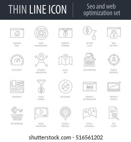 Icons Set of Seo und Web Optimierung. Symbol des intelligenten Dünnzeilenbildes. Stroke Pictogram Graphic for Web Design. Kollektion des Qualitätsmusters für Vektorsymbol. Premium Mono Linear