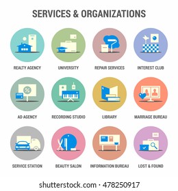 Icons set of services and organizations. Flat. Colorized.