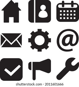Symbole gesetzt. Einstellungen, Kontakt, Überprüfung, Agenda, Website-Symbole. Vektorpackung.