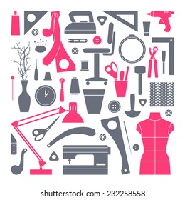 Icons set sewing and hobby tools in flat style