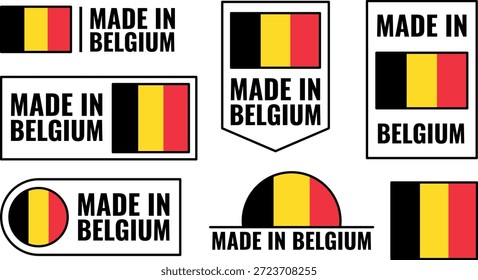 Ikonensatz zur Präsentation Made in Belgium Produkt-Embleme mit belgischer Flagge Farben und Formen