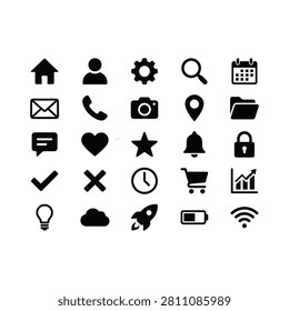 Icons Set Showing Home, User, Gear, Magnifier, Calendar, Email, Phone, Camera, Location, Folder and Security