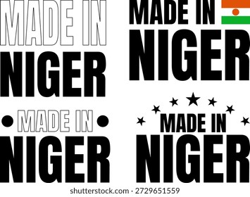 Conjunto de iconos que muestran Made in Niger en negrita fuente con diferentes diseños y estilos de Níger