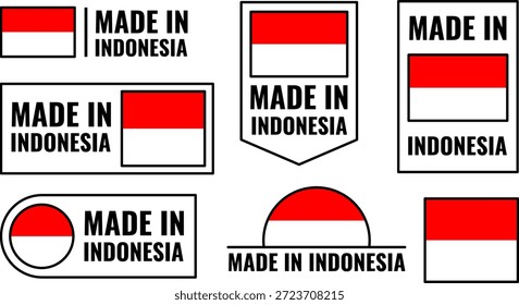 Conjunto de iconos que muestran emblemas de productos con texto 'Hecho en Indonesia' y diseño de bandera creado para productos de Indonesia
