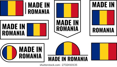 Conjunto de iconos muestra emblemas de productos hechos en Rumania con colores y diseños de bandera