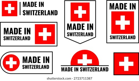 Icons set shows various made in Switzerland product emblems