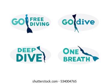 Icons set with silhouette of freedivers in monofins. Vector illustration with underwater sport logo. Go freediving, deep dive, one breath.