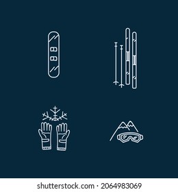 Icons set Skiing linear. Pictographs for winter, sports clothing, accessories for skiing, clothing. . Vector illustration