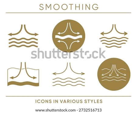 Icons set - skin smoothing feature for skincare and cosmetic products. Visual symbols of surface refinement, softness, wrinkle reduction, and improved skin texture shown in different graphic styles.