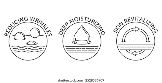 Ícones definidos para a rotulagem de produtos de cuidados com a pele - redução de rugas, hidratação profunda e revitalização da pele