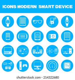 Icons set of smart devices, modern wearable electronics, audio and video gadgets, communication systems and home control and the vehicle - stock vector.