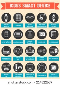 Icons set of smart devices, modern wearable electronics, audio and video gadgets, communication systems and home control and the vehicle - stock vector.